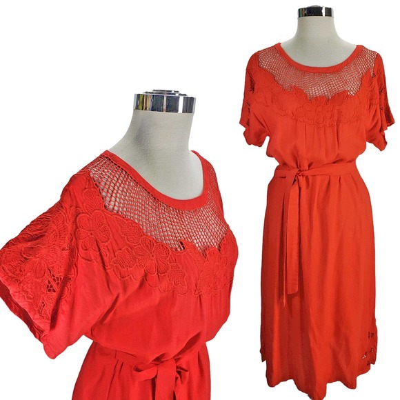 Vintage 1960s Orange eyelet detail belted Satyuga Dress Hawaii, S